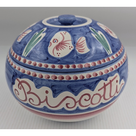 Vietri Sul Mare Italy Ceramic Blue Biscotti Jar with Lid Canister Fish Pesce - Picture 1 of 13